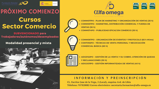 Cursos subvencionados sector comercio trabajadores/autónomos y desempleados